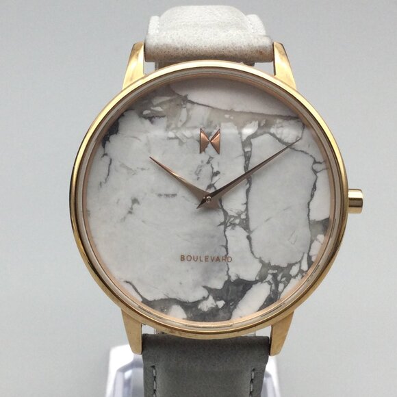 MVMT Boulevard Marble Watch Women 38mm Gold Tone Leather Band New Battery - Picture 1 of 15